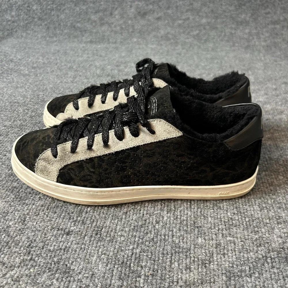 P448 Shoes Mens Size 8 Black Animal Print Faux Fur Lined Lace Up Sneakers EU 41